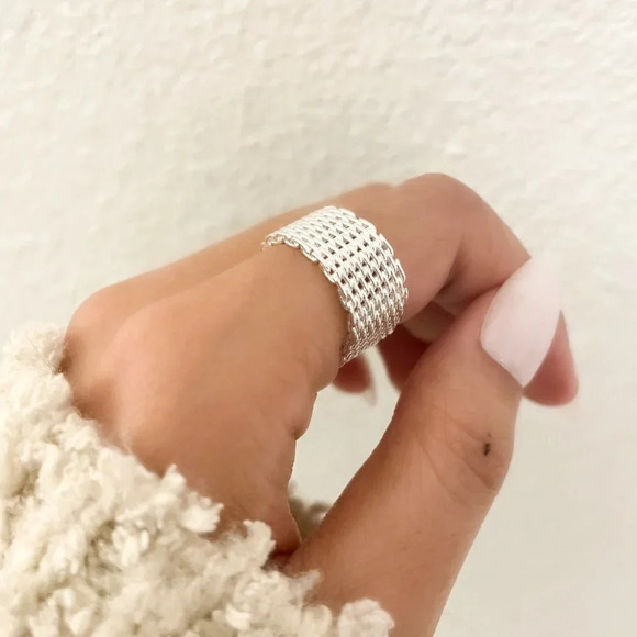 925 Sterling Silver Mesh Ring Weave Ring Woven Ring Band Everyday Ring - Picture 4 of 6